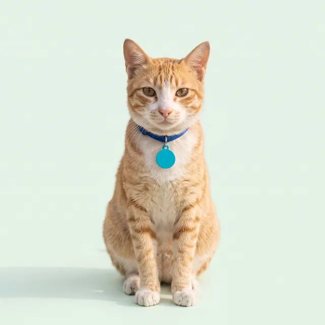 An orange tabby Indian cat sitting upright, wearing a blue collar with a teal tag