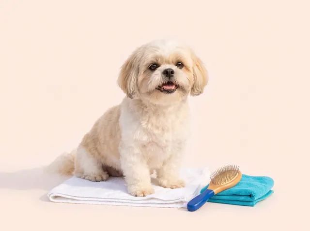 A fluffy cream-and-white Shih Tzu sitting on a white towel, with a wooden brush and a teal hand towel beside it