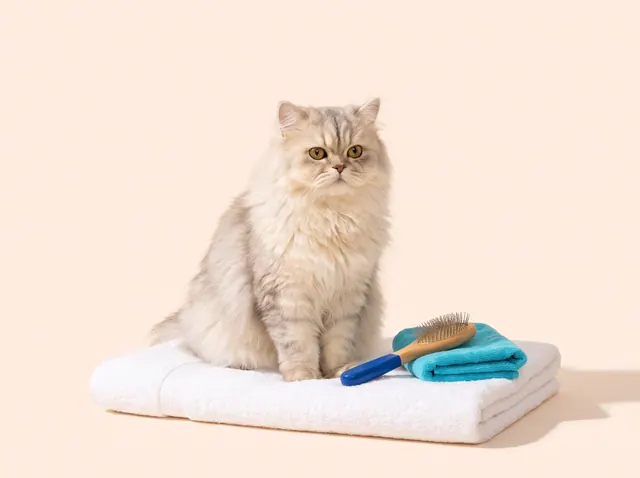 A fluffy cream-and-silver long-haired cat sitting upright on a white towel, with a wooden brush and a cyan hand towel beside it