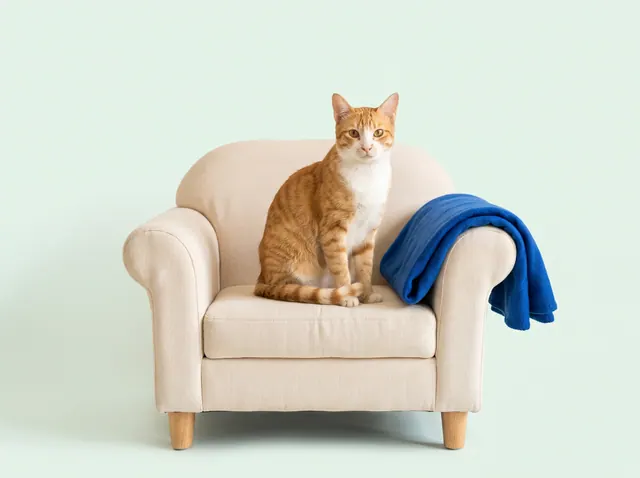 An orange-and-white cat sitting upright on a cream armchair, with a folded blue blanket draped over the armrest