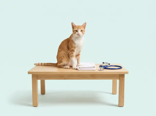 An orange-and-white cat sitting upright on a wooden examination table, with a folded white towel and a blue stethoscope beside it