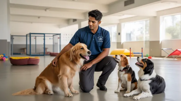Professional dog trainer socializing dogs