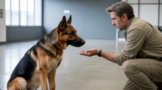 Dog trainer working with German Shepherd