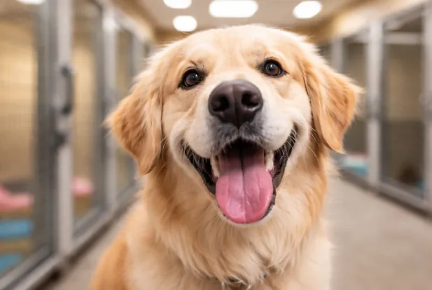 Happy dog in boarding facility