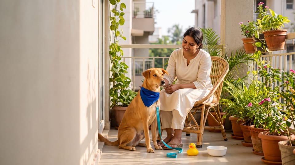 A woman smiling at her dog, who wears a blue bandana, on a sunny apartment balcony full of potted plants