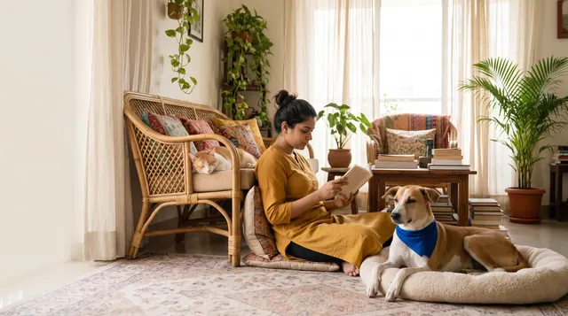 A woman reading on the floor of a sunlit living room while a dog in a blue bandana rests on a bed beside her and a cat naps on the sofa
